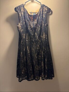 Gabby Skye Black Lace Overlay Dress with Tan Lining